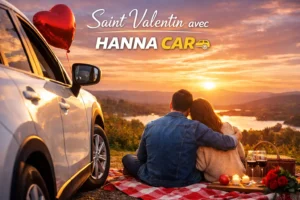 Saint Valentin avec Hanna Car, couple romantique en escapade en voiture de location au coucher du soleil